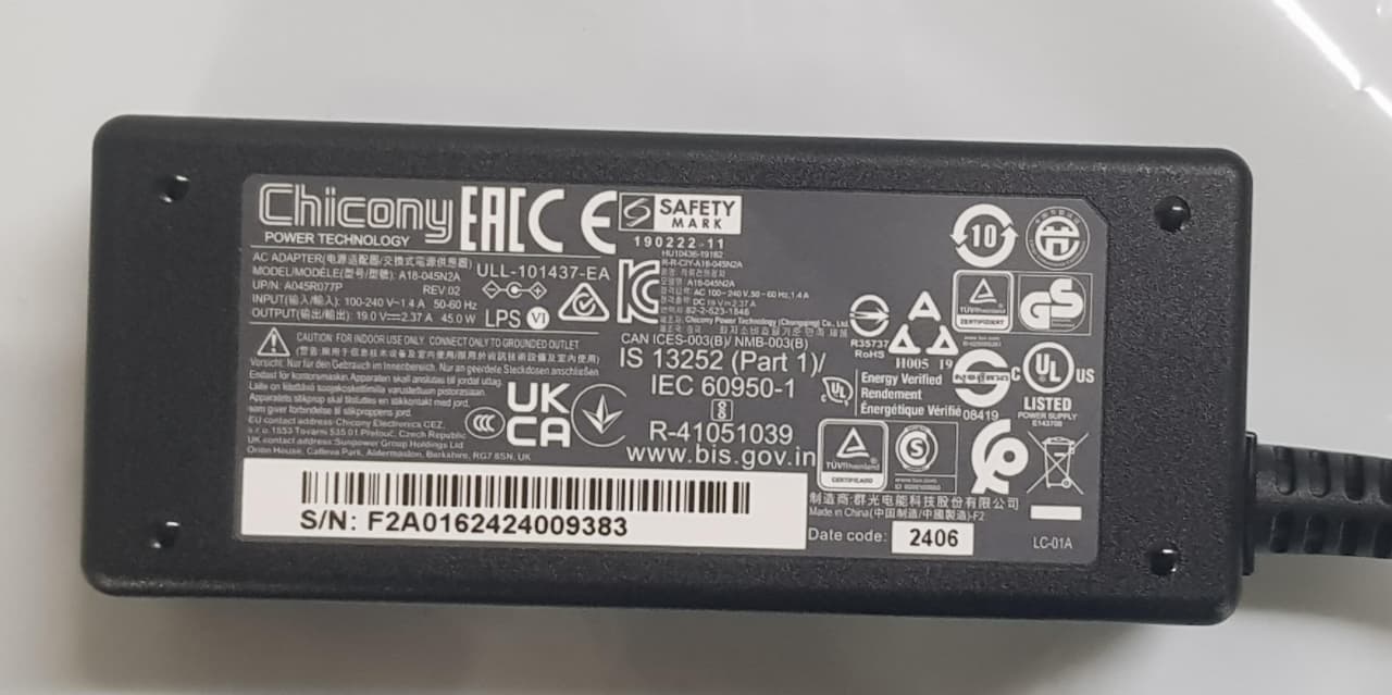 ACER LAPTOP CHARGER 45W 19.5V 2.37A GENUINE Original Adapter ( 1.7MM ) ( 1 Yr Warranty )